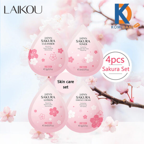 LAIKOU 4Pcs Skincare Set Sakura Cleanser Toner Lotion Cream Deep Cleansing Moisturizing Oil Control Portable Kit Travel Outfit